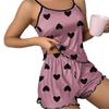 2 Pcs/Set Women Summer Pajama Set Heart Print Backless Sleeveless Spaghetii Strap Shirring Edge Elastic Waist Shorts Vest Set Sleepwear Daily