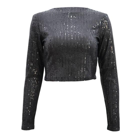 Женские укороченные топы с круглым вырезом и длинным рукавом, украшенные пайетками, футболка свободного кроя