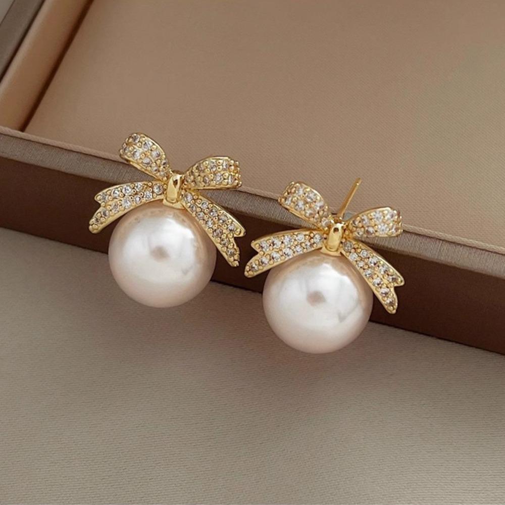 Jewelry Accessories Bow Pearl Ear Studs Bowknot Bow Pearl Ear Hook Bow Pearl Earrings  Lady/Gifts