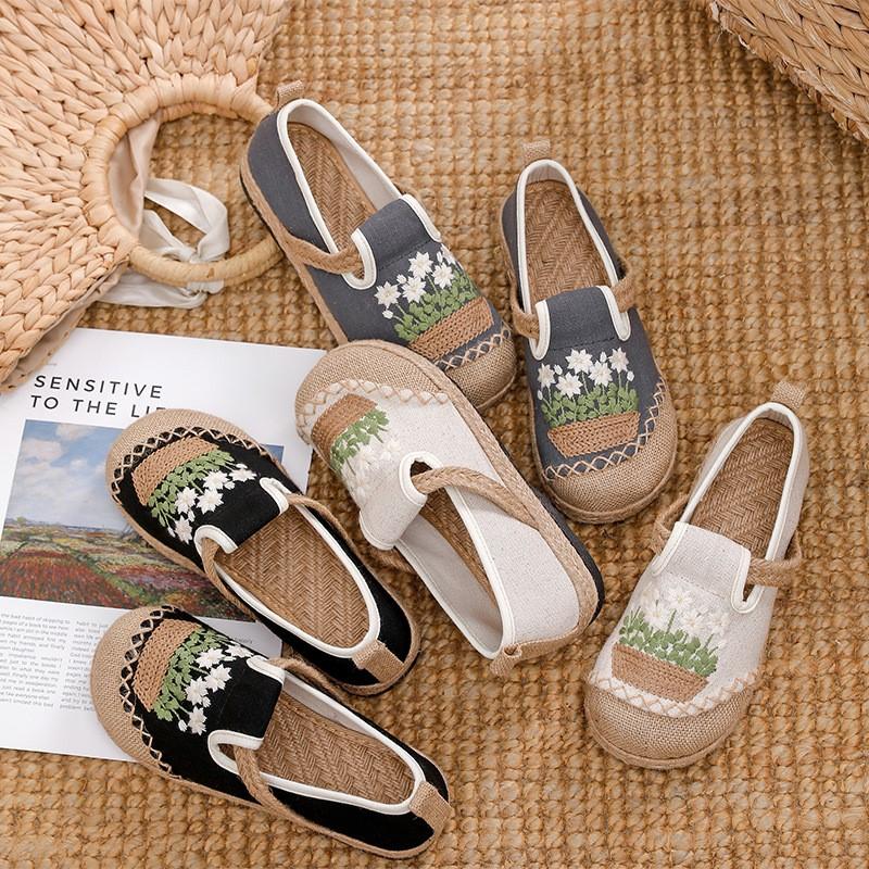 Johnature Женские туфли на плоской подошве в этническом стиле из хлопка и льна с круглым носком, вышитые вручную