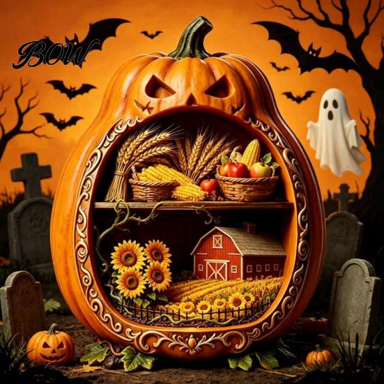 Halloween Cobweb Decorations Centerpiece Pumpkin, Wooden Pumpkin Ornament with Miniature Scenes, Rustic Detailed Scene Decor Skeleton for Farmhouse
