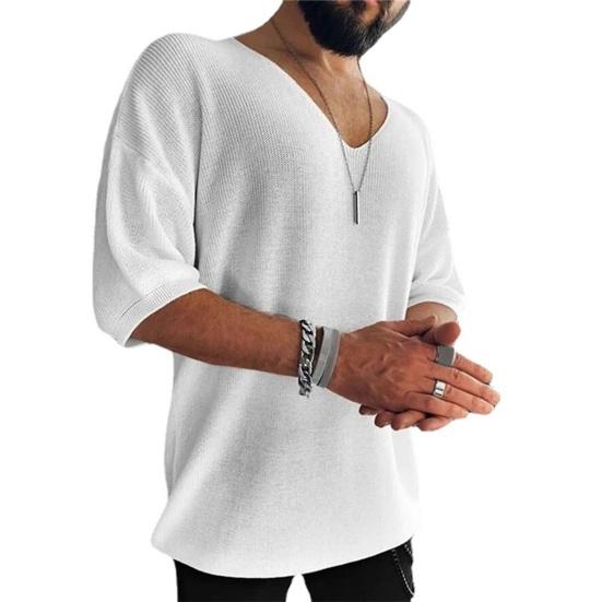 Летняя мужская футболка трикотажная с v-образным вырезом и половиной рукавов, однотонный свободный пуловер, эластичный повседневный спортивный топ средней длины, трикотаж