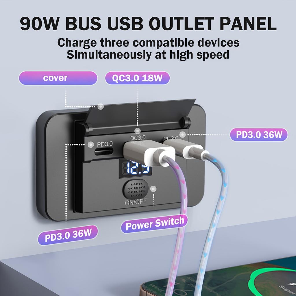 12V USB Car Charger Panel with 36W PD Type-C & 18W QC3.0 Fast Charging, On/Off Switch  for Trucks, RVs, Motorcycles,