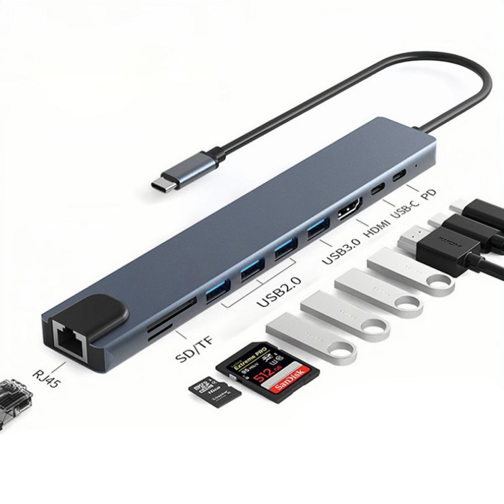 Хаб USB C 8 в 1 Адаптер Type C к HDMI Ethernet для ноутбука, консоли Switch с портом LAN 100 Мбит/с