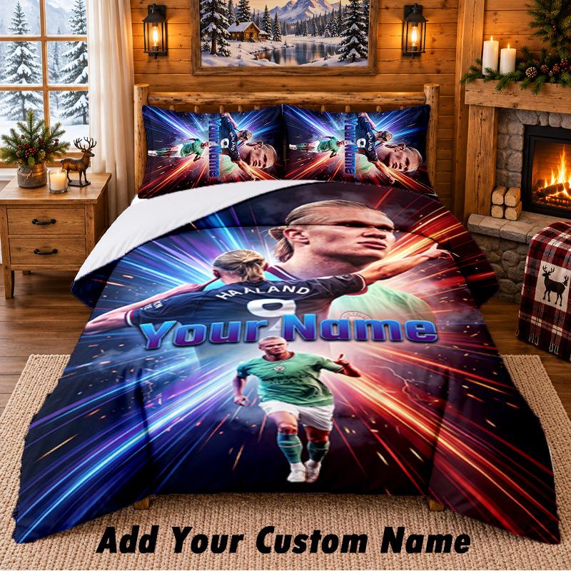 Erling Haaland Pattern Bedding 3Pcs Set Custom Name, Bed Sheet And Pillowcases For Home Bedroom