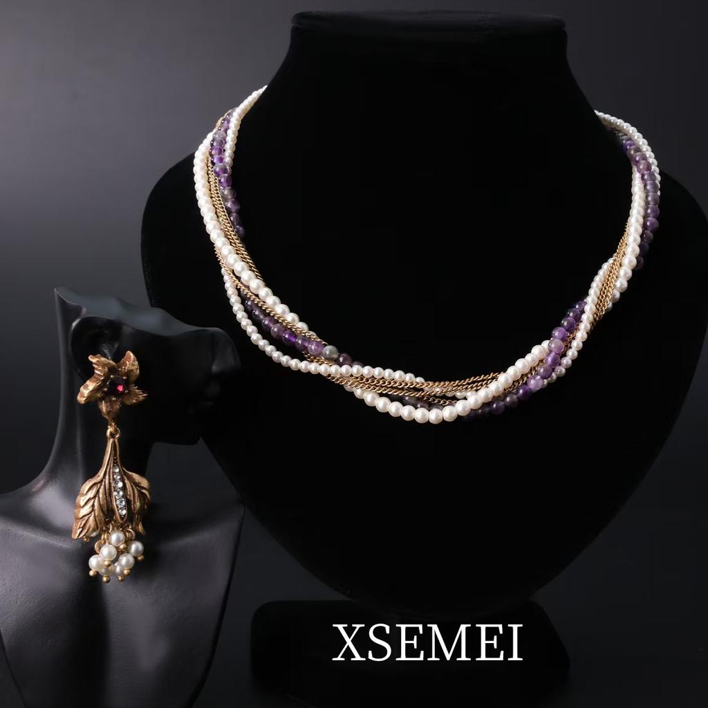 Multi-layer Layered Necklaces, Sweater Chains, Amethyst, Glass, Pearl and Grape Earrings