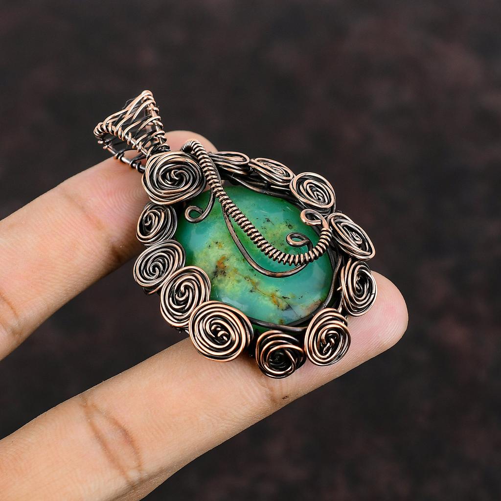 Подвеска из хризопраза, обернутая медной проволокой, подвеска из настоящего драгоценного камня, подвеска ручной работы, обернутая медной проволокой, изящная подвеска, подарок для мамы