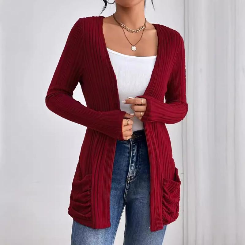 Осенне-зимний однотонный вязаный кардиган средней длины с длинными рукавами и карманом