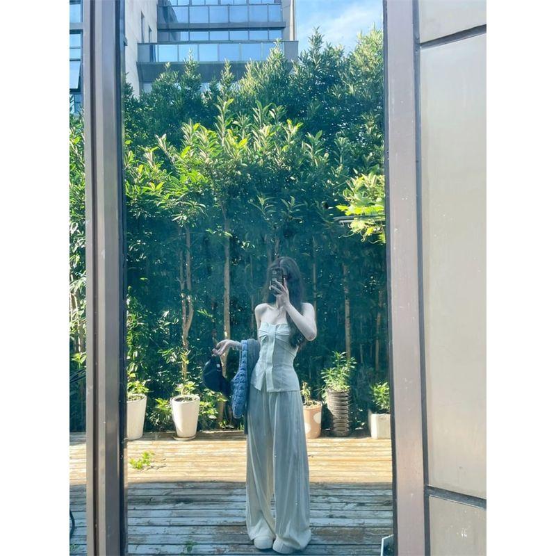 Pure Desire Style Suit Niche Style Pleated Tube Top Vest Women's Clothing Summer High Waist White Straight-Leg Pants Casual Pants Two-piece Set