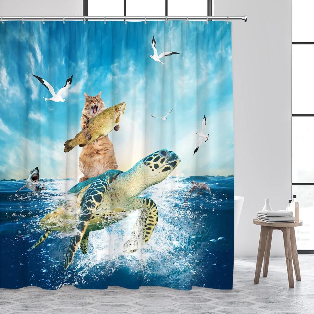 Funny Animals Shower Curtain Cute Diving Dog Cat Riding Shark Brown Bear Ocean Landscape Children Bathroom Curtains Fabric Dec