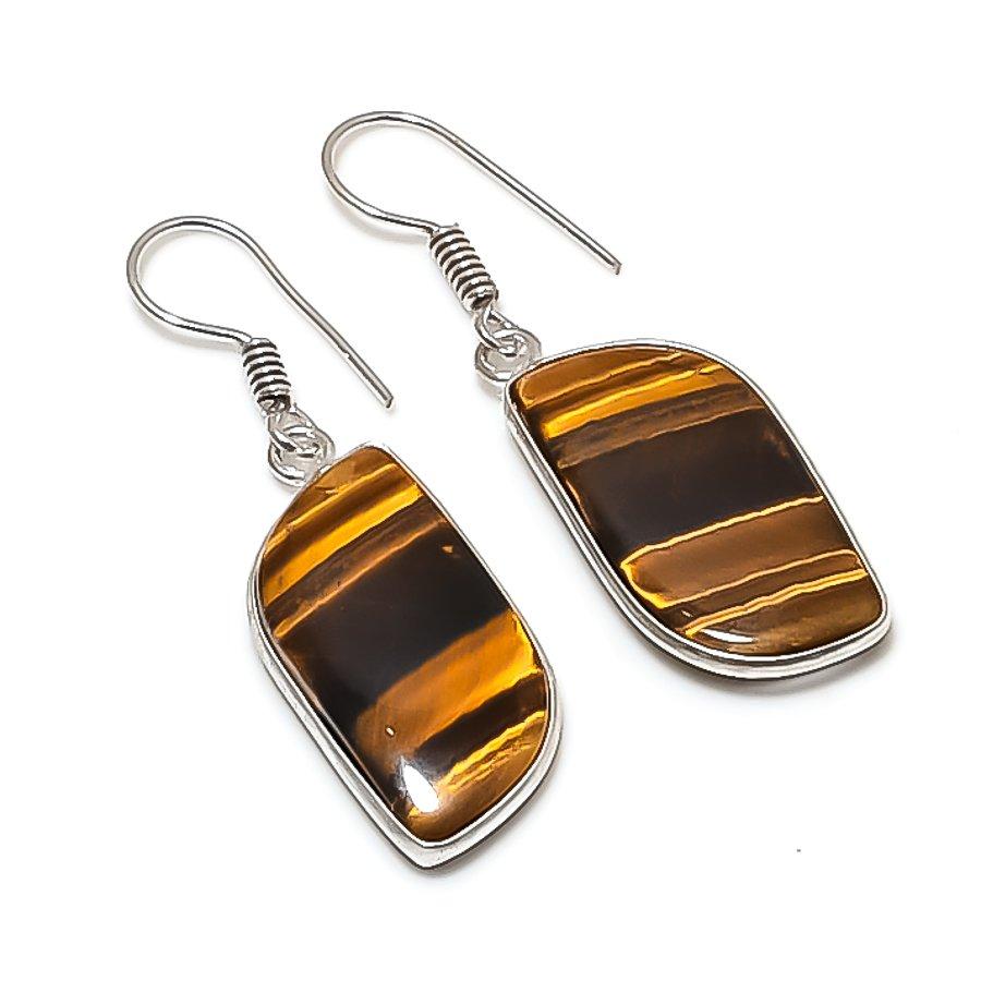 Tiger Eye Handmade 925 Sterling Silver Jewelry Earring 1.65" e3Q42