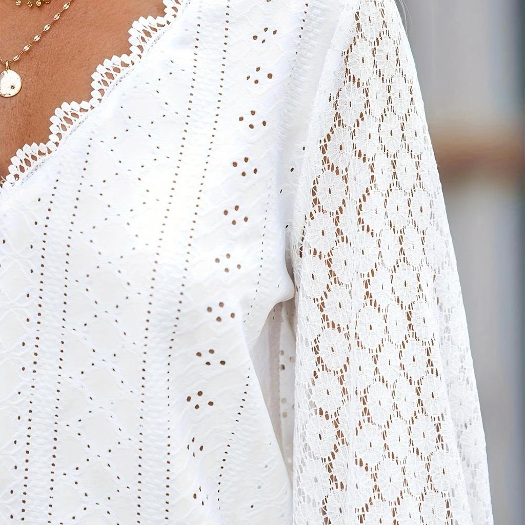 Женская рубашка с v-образным вырезом и кружевом в стиле пэчворк с пышными рукавами