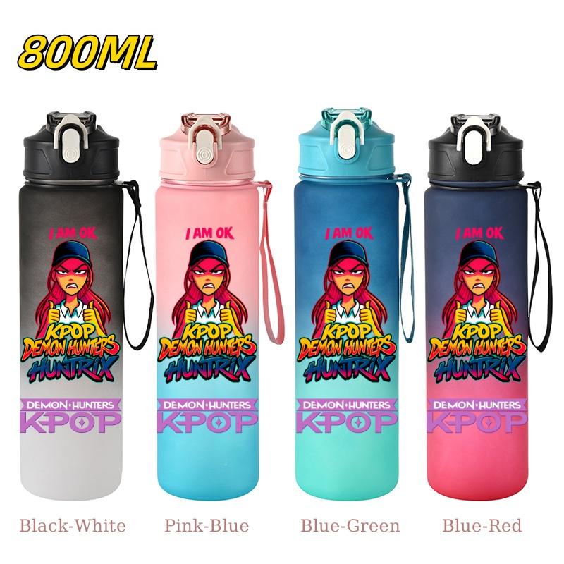 800ML KPop Demon Hunters Gradient Cartoon Pattern Big Capacity Straw Water Cup Outdoor Portable Sports Drink Bottles Travel Mug
