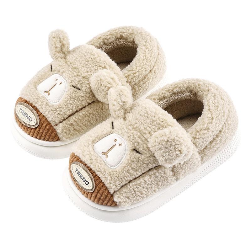 Warm Winter Kids Cotton Slippers Boys Girls - Soft Fleece Lined Indoor House Shoes In Gray Beige Khaki