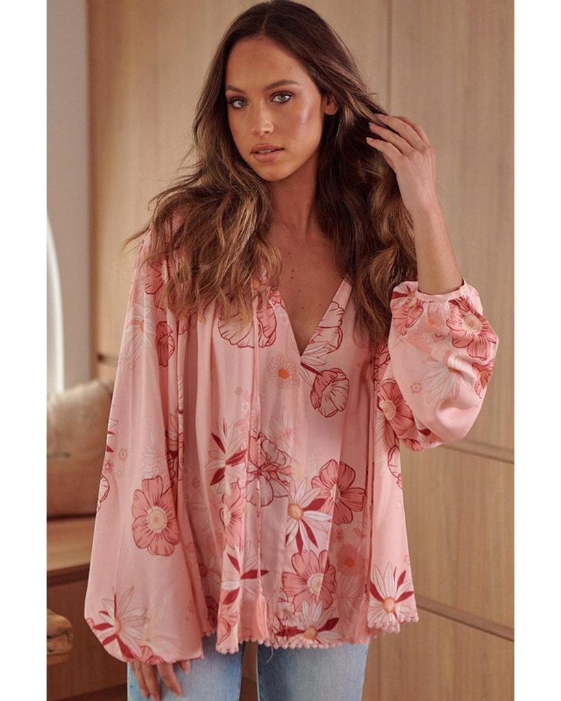 Azura Exchange Multicolor Floral Tasseled V Neck Puff Sleeve Blouse