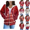 Женская мода повседневный длинный рукав рождественский принт кардиган пальто с карманом на молнии