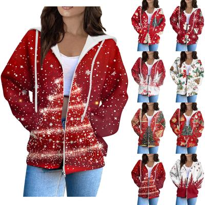Женская мода повседневный длинный рукав рождественский принт кардиган пальто с карманом на молнии