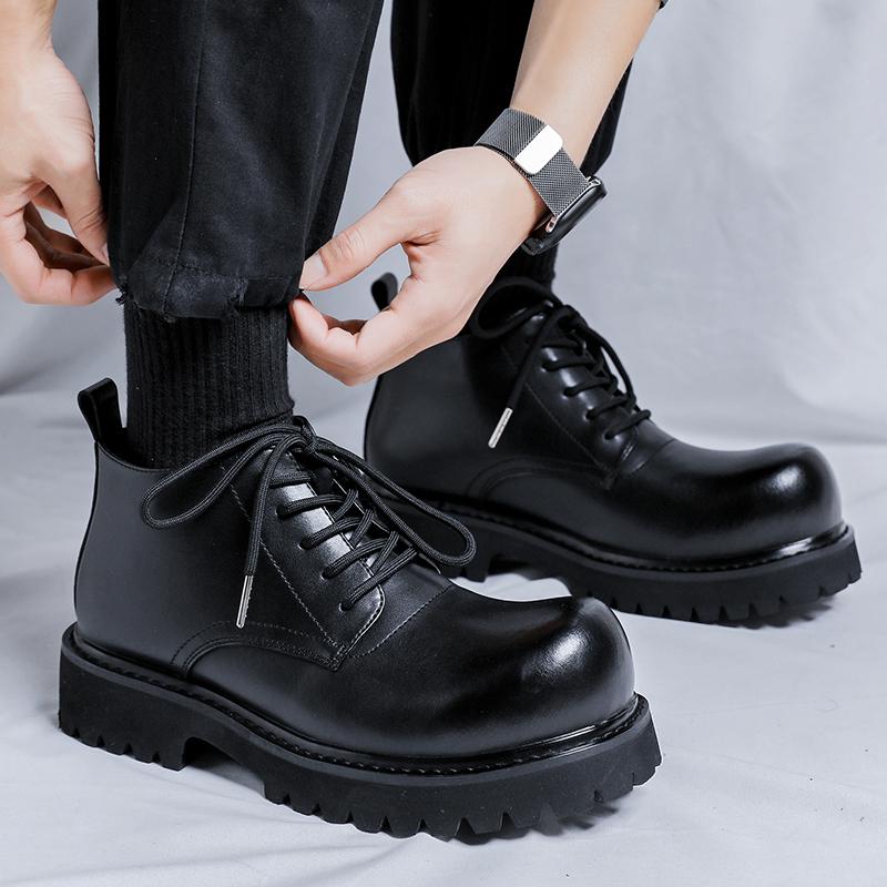 Spring and Autumn British Style Mid Cut Boots High Quality New Style Thick Bottom Lace Up Ankle Boots Brand Black High Top Boots