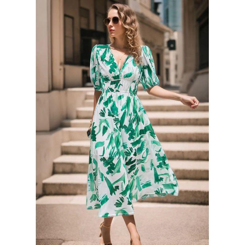 Summer 2025 European and American Dress Temperament Waist Hugging V-neck Print Long Dress V-Neck Printed Long Skirt