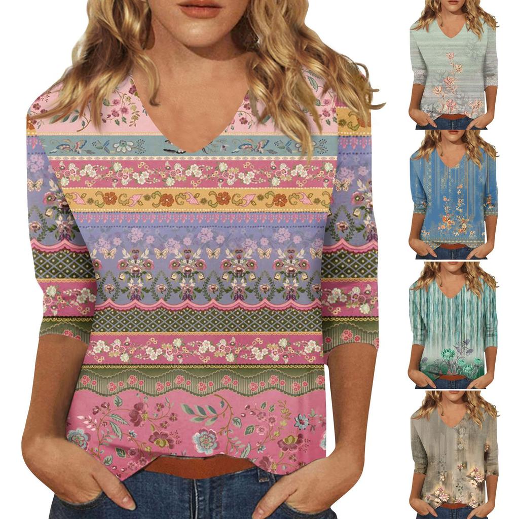 Women’s Fashion Everyday Everything Casual V-neck Seven-point Sleeve Printed T-shirt Top