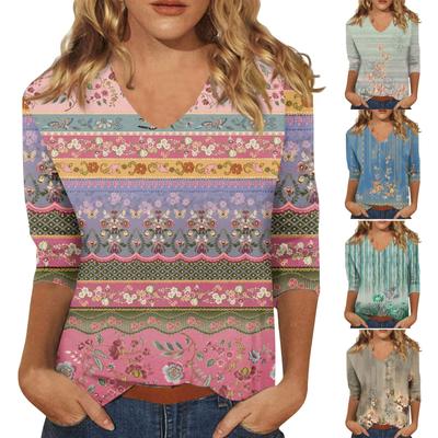 Женская мода на каждый день Повседневная футболка с v-образным вырезом и семиточечным рукавом с принтом Топ