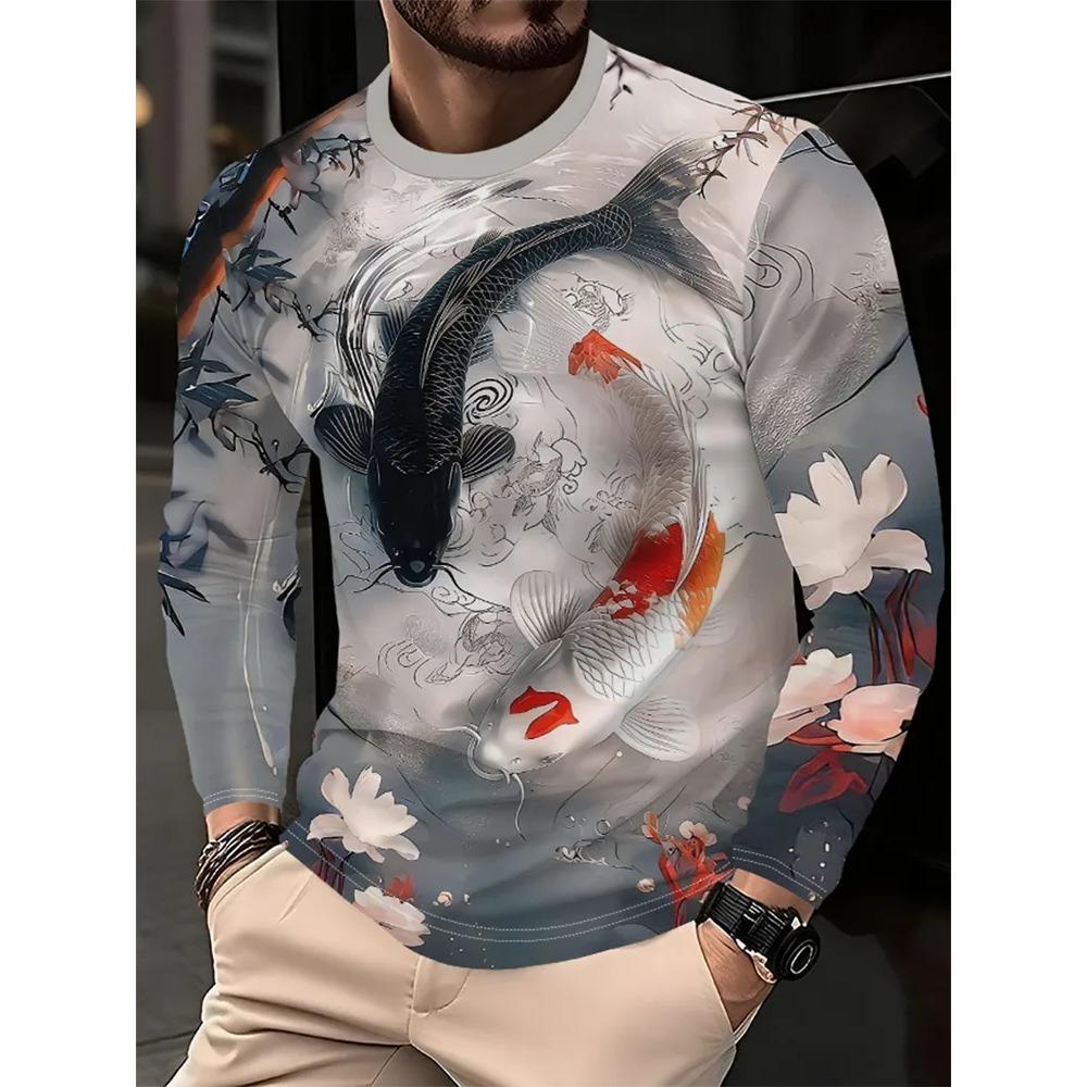Spring Autumn Fashion Comfortable Loose Soft Casual Versatile Round Neck Long Sleeve T-shirt Creative Animal 3D Printed Men's T-shirt