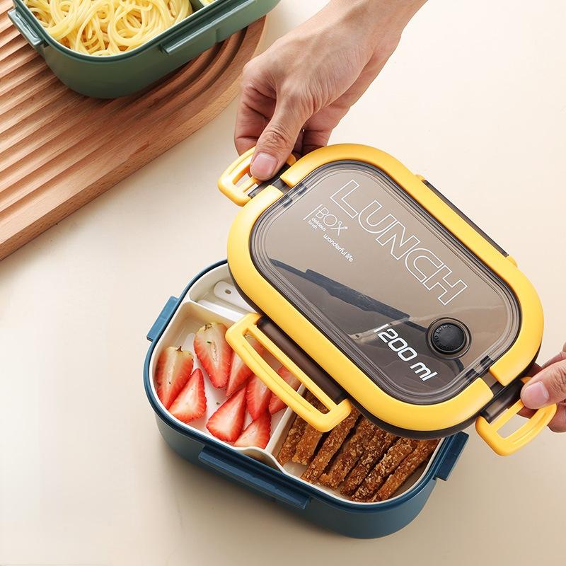 Microwave Lunch Box with Fork Spoon Portable Hermetic Lunch Box 2 Layer Grid Children Student Office Bento Box Food Storage Container