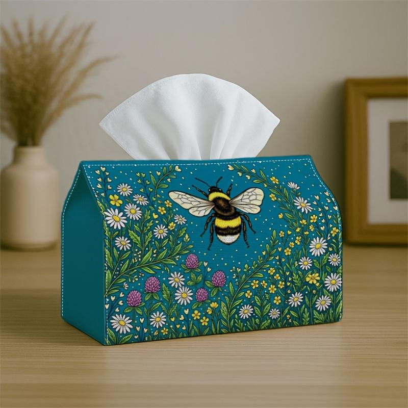 1pc Natural Botanical Tissue Box Cover,Bumble Bee Daisy Flower Teal High-Quality,Durable,Lightweight,Foldable Storage,Ideal for Living Room and Dining