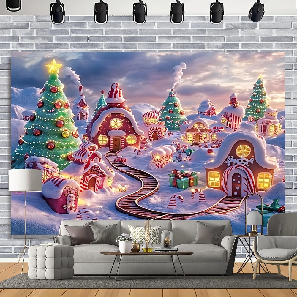 2D,1 charming Christmas village background - fairyland winter snow scene, gingerbread house and holiday decorations, polyester