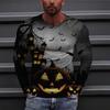 Spring and Autumn Round Neck 3D Halloween Pumpkin and Skull Pattern Printed Top Fashionable Casual Long Sleeved Men's T-shirts