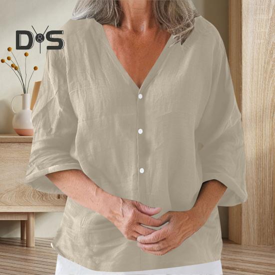 Женская рубашка свободного кроя с V-образным вырезом и рукавом 3/4, летняя застежка на пуговицы, однотонная повседневная футболка на каждый день