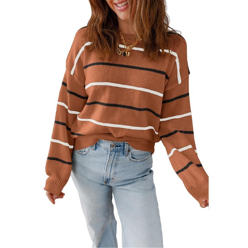 Spring Autumn Loose Casual Striped Patchwork Sweatshirt Women Vintage Bottomed All-match Knitting Pullover Top