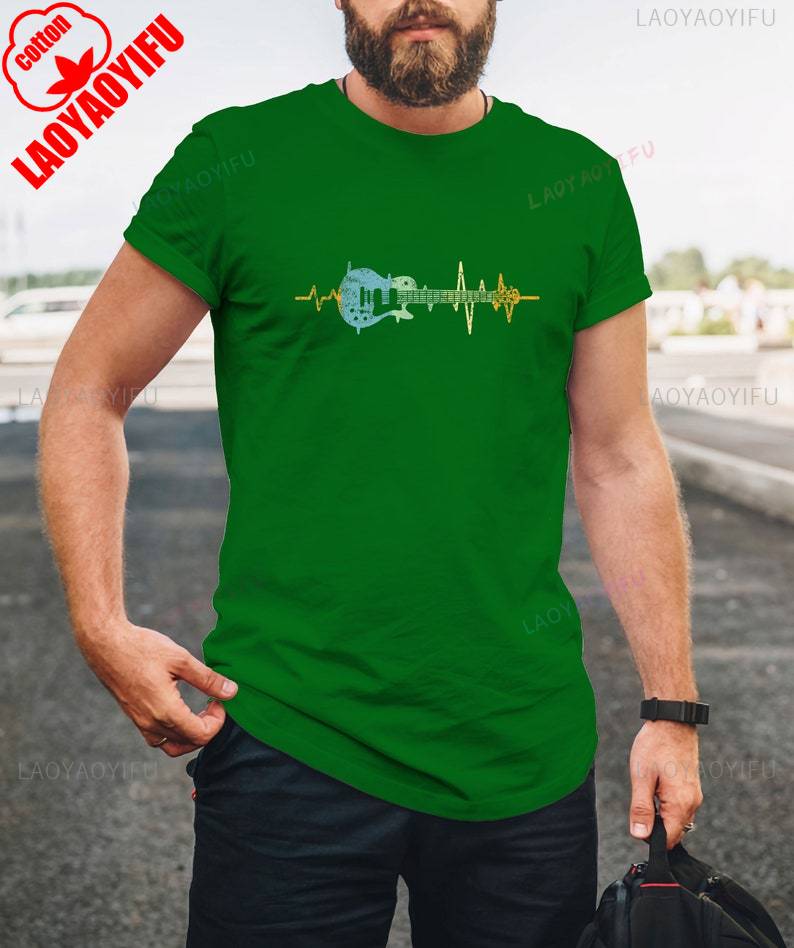 Heartbeat of A Guitarist Cotton TShirt Retro Guitar Lover Gift Guitar Vibes Perfect Gift for Music Lovers Casual Men Clothing