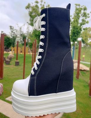 Модные 14СМ Деним Женские Модные Весенние Ботильоны Высокий Бренд Платформа Танкетка Осенняя Мода Высокий Бренд Скейтборд Дышащая Обувь