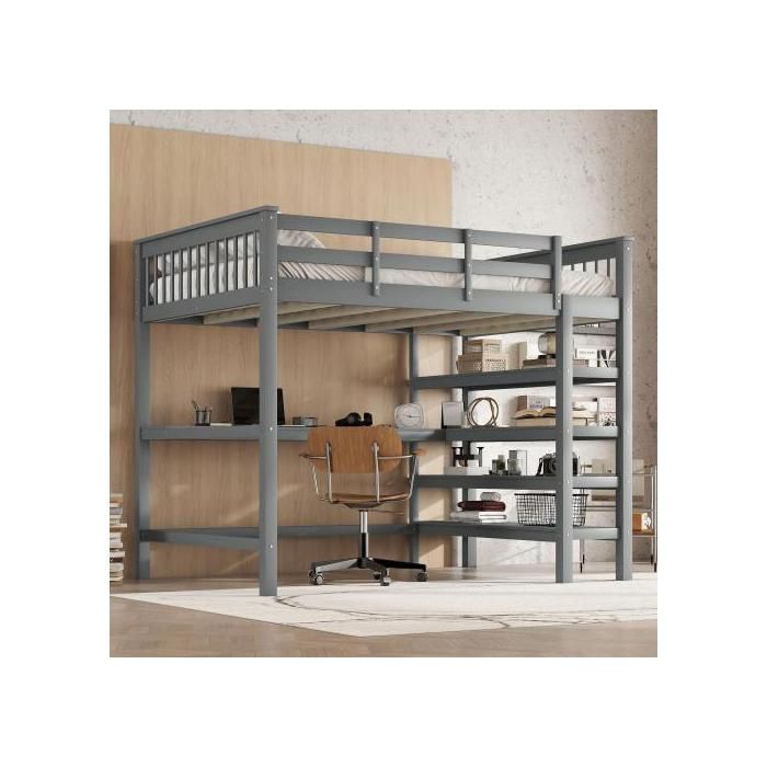 Lit surélevé pour enfants - MUVOE - 140 x 200 cm - Bureau intégré - Rangement sous le lit
