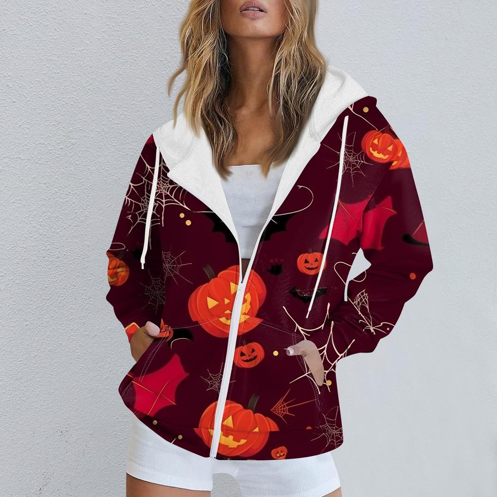 Женская повседневная спортивная одежда с принтом на Хэллоуин, осенне-зимняя куртка с капюшоном и длинными рукавами, с карманом на молнии