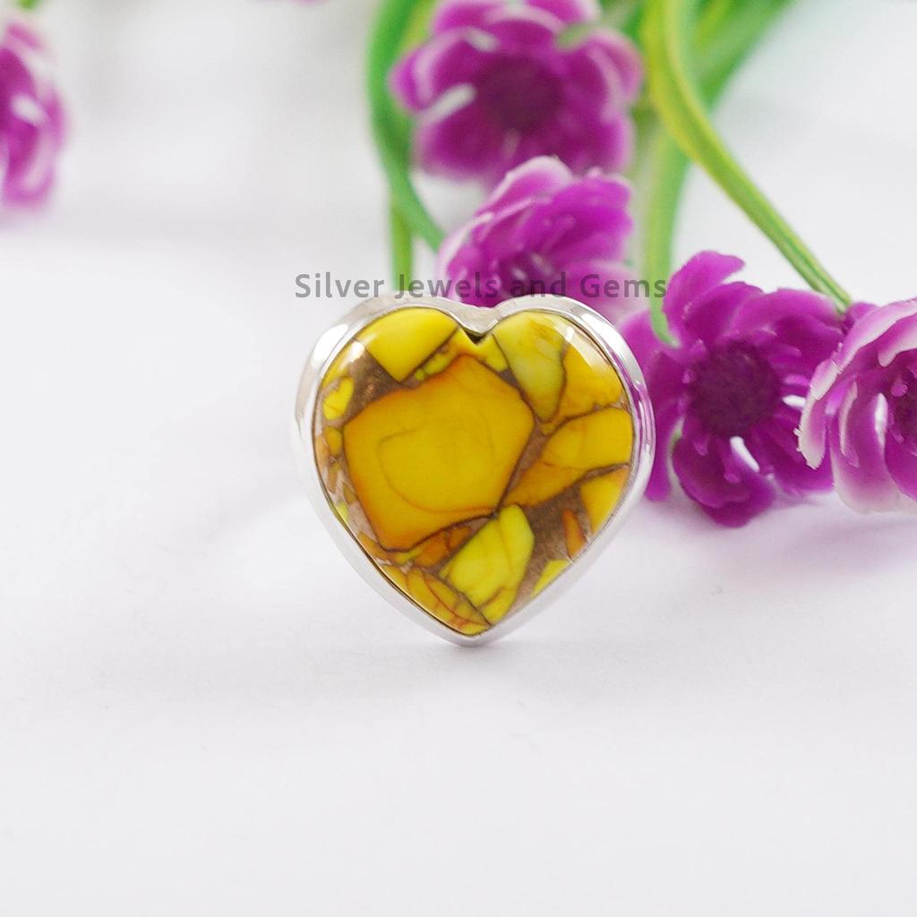 Honey Dahlia Turquoise Ring, Heart Ring, 925 Sterling Silver Handmade Ring, Gift For Wife, Yellow Gemstone