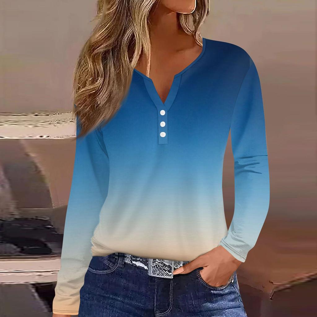 Женская модная повседневная футболка с v-образным вырезом и длинными рукавами и декоративными пуговицами, топ