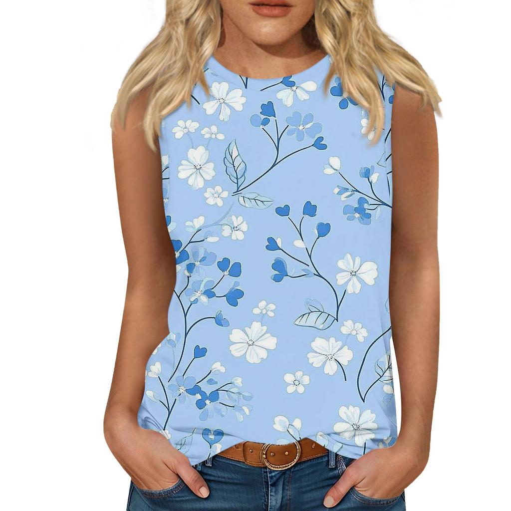 Women's Casual Round Neck Printed Sleeveless Vest Tops Vest