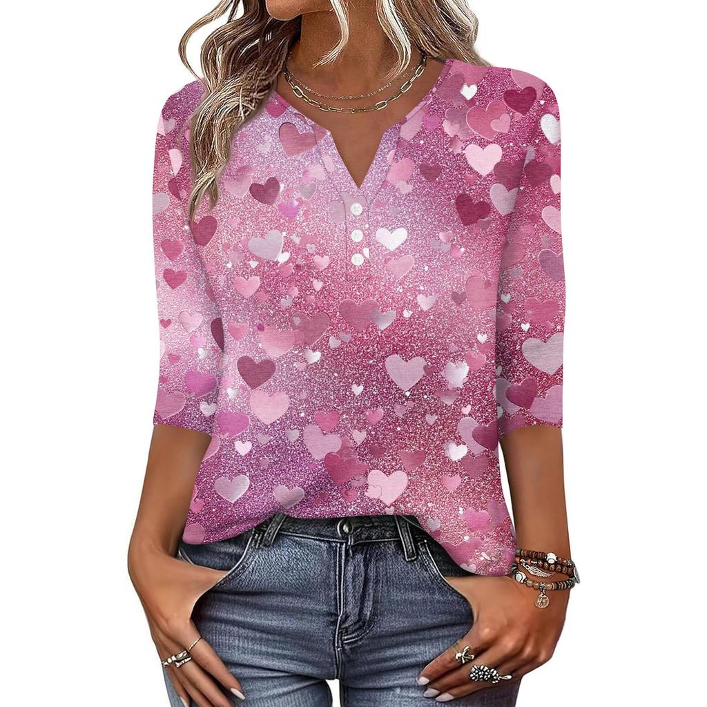 Жен. Футболка С принтом Пуговицы Рукав 3/4 Повседневные Выходные Мода Классический Классический V-образный вырез Обычный Верх