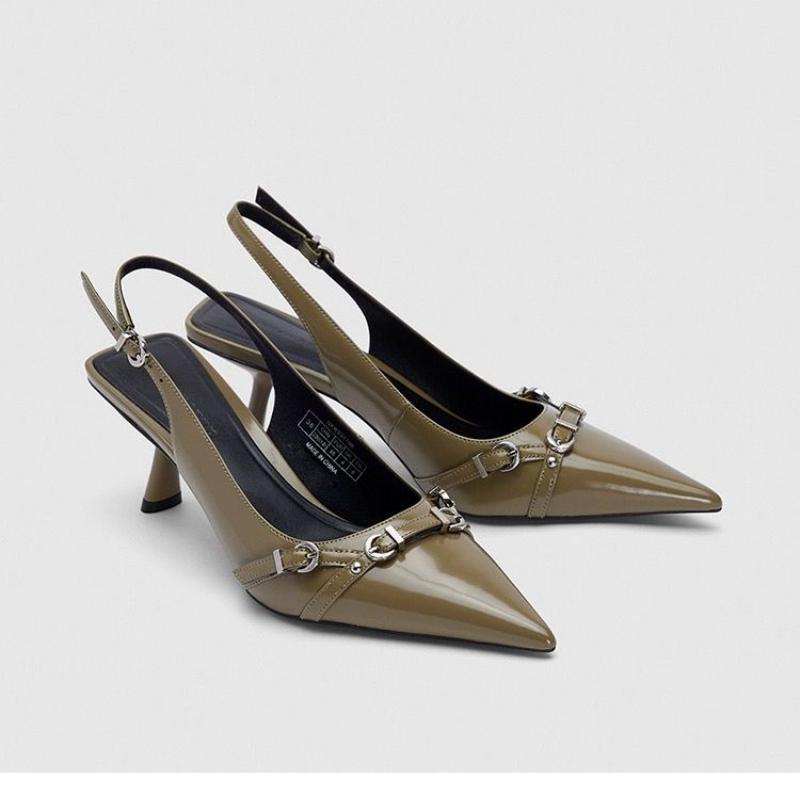 Fashion Women Sandals Pointed Toe Summer Dress Shoes Thin High Heels Back Strap Rivet Design Casual Pumps Ladies Black Mid Heel Sandals