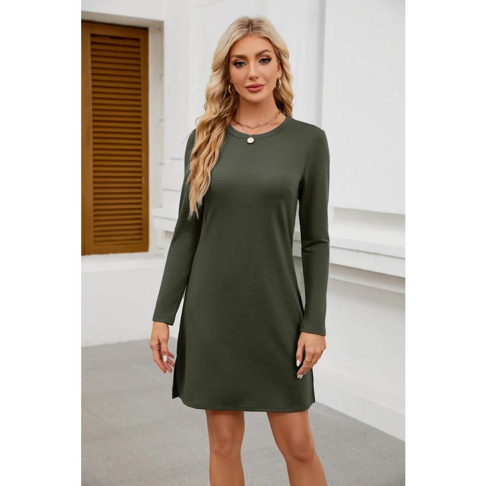 Женская толстовка с круглым вырезом и разрезом по низу, повседневное платье с длинными рукавами