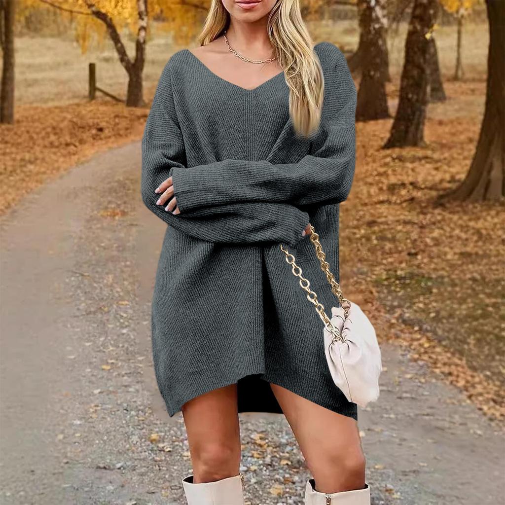 Women's Fashion Casual V-neck Long Sleeve Rib Knitted Sweater Dress