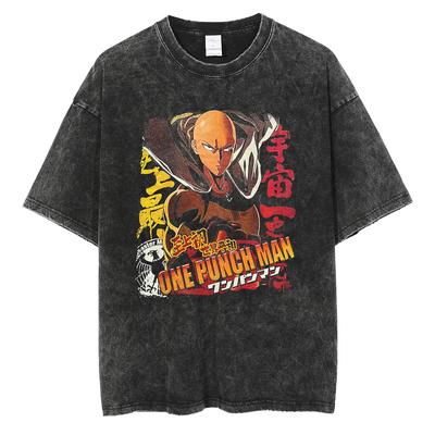 Аниме ONE PUNCH-MAN Сайтама Футболка с принтом Мужская Женская Футболки из стираного хлопка Футболка оверсайз Харадзюку Мужская Манга Винтажная футболка