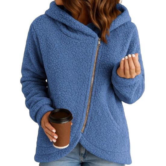 Women's Fleece Jacket Oblique Zip Up Long Sleeve Sherpa Coat Fuzzy Hooded Jacket
