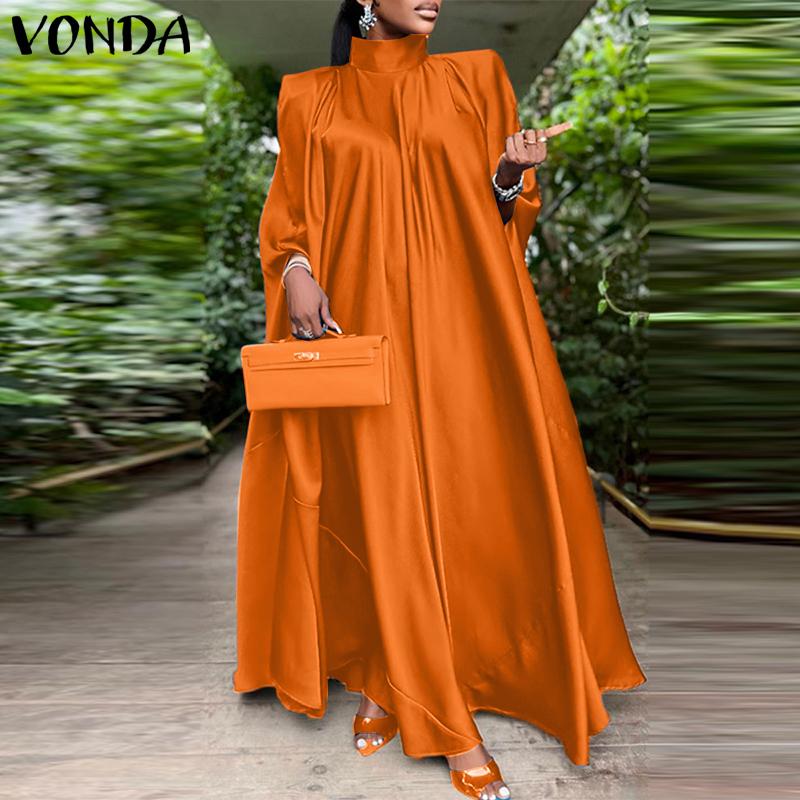 VONDA Spring Women O Line High Collar Loose Long Party Dress