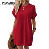 Летняя женская футболка больших размеров, платье однотонное, с круглым вырезом, свободные платья с коротким рукавом и карманами