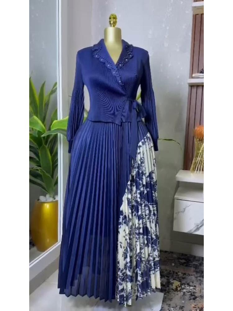 Новое плиссированное платье А-силуэта, элегантный костюмный воротник, средняя длина, утягивающая талия, стройнящая женская юбка со складками