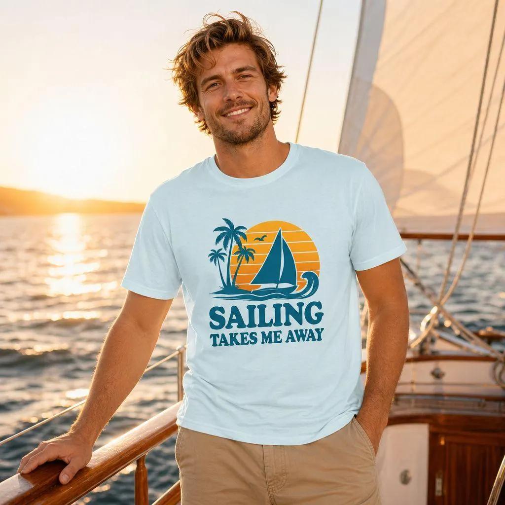 Summer Casual Resort Style Top - Yacht Rock T-shirt: Retro Nautical Pattern T-shirt - Comfortable Color Scheme