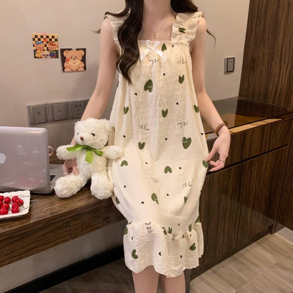 Cloud cotton pajamas girl summer sweet princess style with chest pad suspender medium length loose nightdress loungewear outside